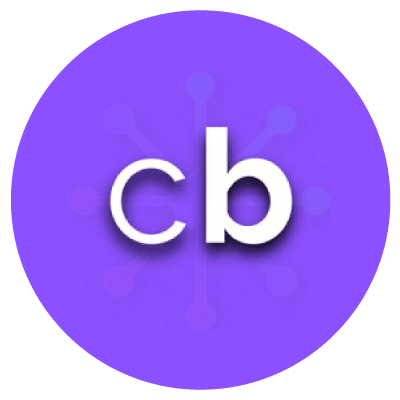 Logo with white "cb" letters on a purple circular background with faint network nodes in the background.