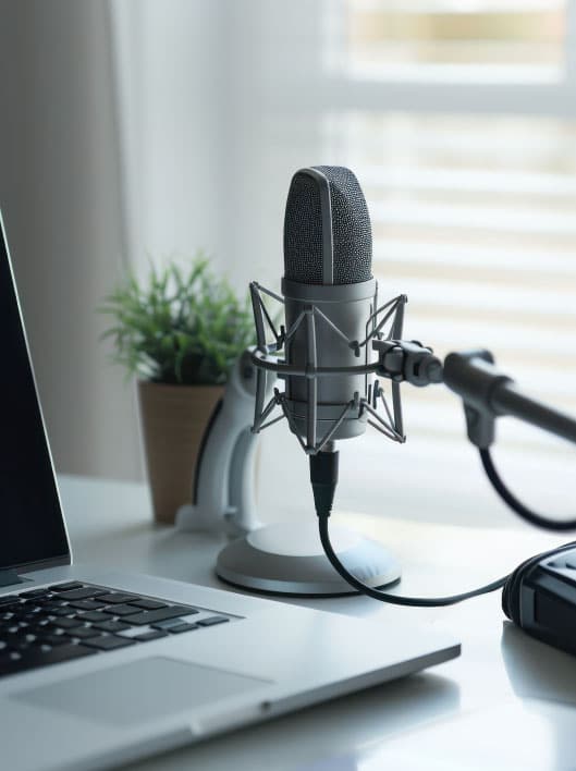 Podcasting setup with a studio microphone, laptop, and potted plant on a desk.