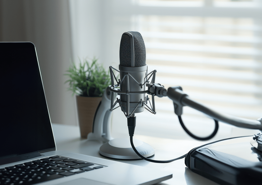 Microphone on a desk with a laptop and a potted plant in the background.