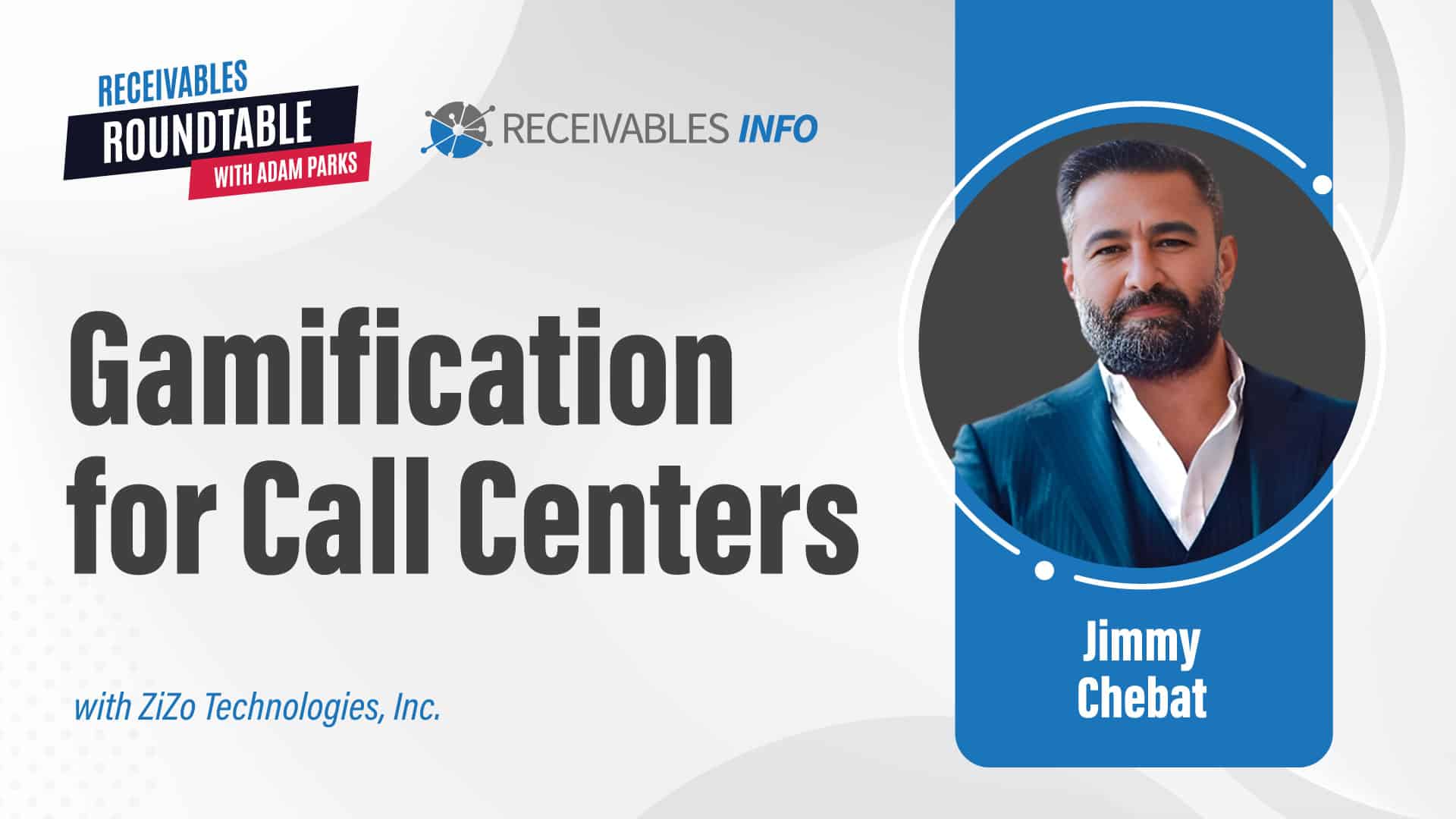 Banner for "Receivables Roundtable with Adam Parks," featuring the topic "Gamification for Call Centers" with ZiZo Technologies, Inc., and an image of Jimmy Chebat.