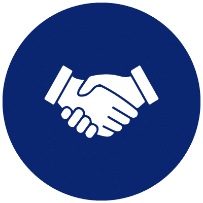 Icon of a handshake in white on a blue circular background.