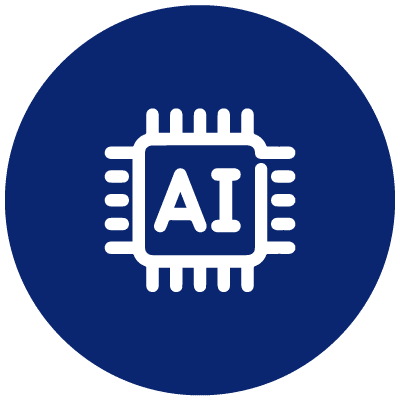 Icon of an AI microchip on a blue circle background.