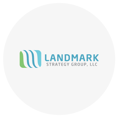 Landmark Strategy Group, LLC logo with blue and green wavy lines.