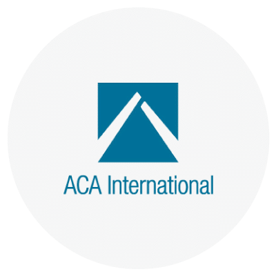 Logo of ACA International featuring a stylized blue triangle and the text "ACA International" below.