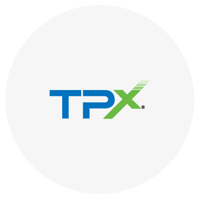 "TPX" logo with blue and green letters on a white background.