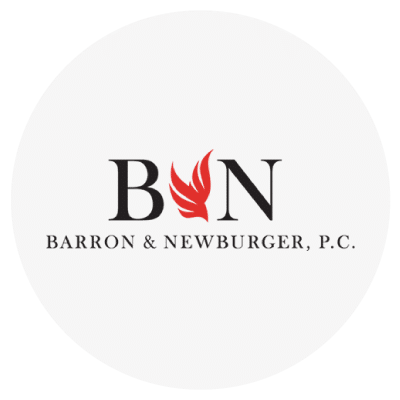 Logo of Barron & Newburger, P.C. featuring stylized letters "B&N" with a red flame design.