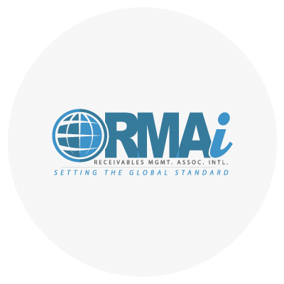 Logo of RMAi with a globe icon, featuring the text "Receivables Mgmt. Assoc. Intl." and the tagline "Setting the Global Standard."