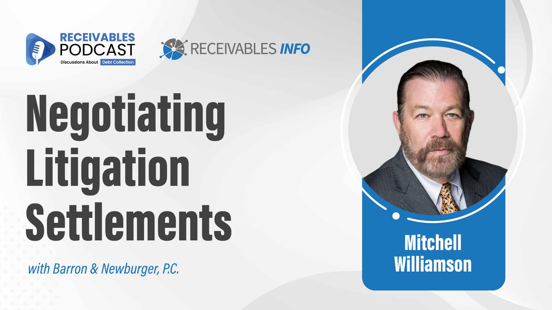 Image promoting the Receivables Podcast episode titled "Negotiating Litigation Settlements" featuring Mitchell Williamson.