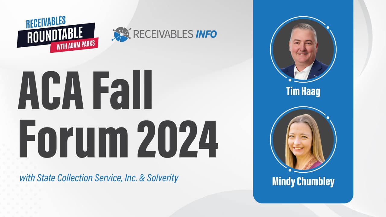 Flyer for ACA Fall Forum 2024 featuring Tim Haag and Mindy Chumbley with the Receivables Roundtable and Receivables Info logos.