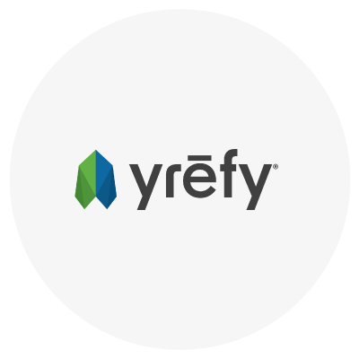 Logo with a stylized green and blue geometric shape next to the text "yrēfy."