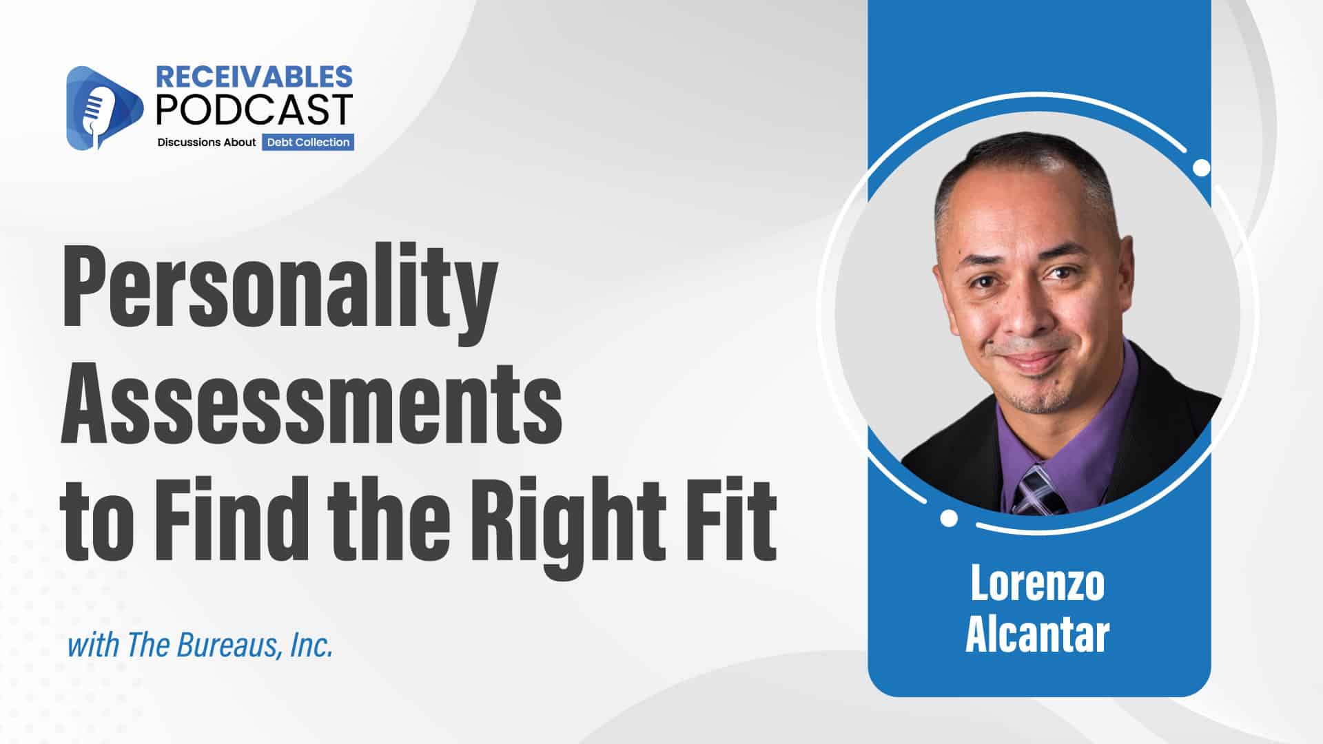 Podcast cover for "Receivables Podcast," featuring Lorenzo Alcantar, with the title "Personality Assessments to Find the Right Fit" and logo of The Bureaus, Inc.