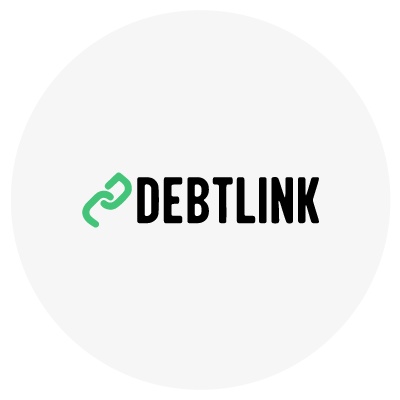 Logo with a green chain link icon followed by the text "DEBTLINK" in black on a white background.