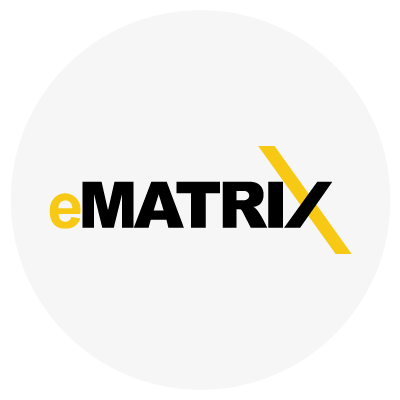 Logo with the text "eMATRIX" and a yellow diagonal line crossing the letter X.