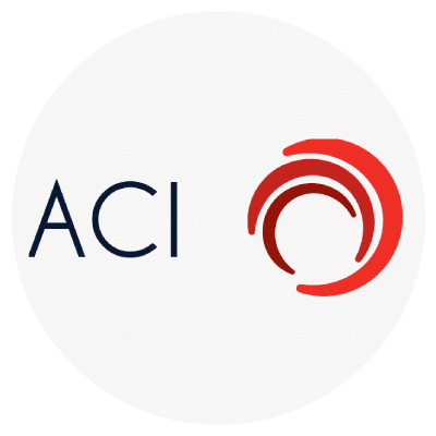 Logo with the text "ACI" and a red abstract circular design.