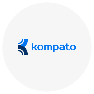 Logo with the text "kompato" and an abstract blue design element.