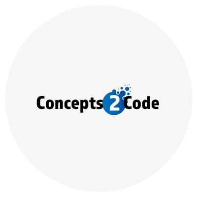 Logo with the text "Concepts 2 Code" and a blue circular design around the number 2.