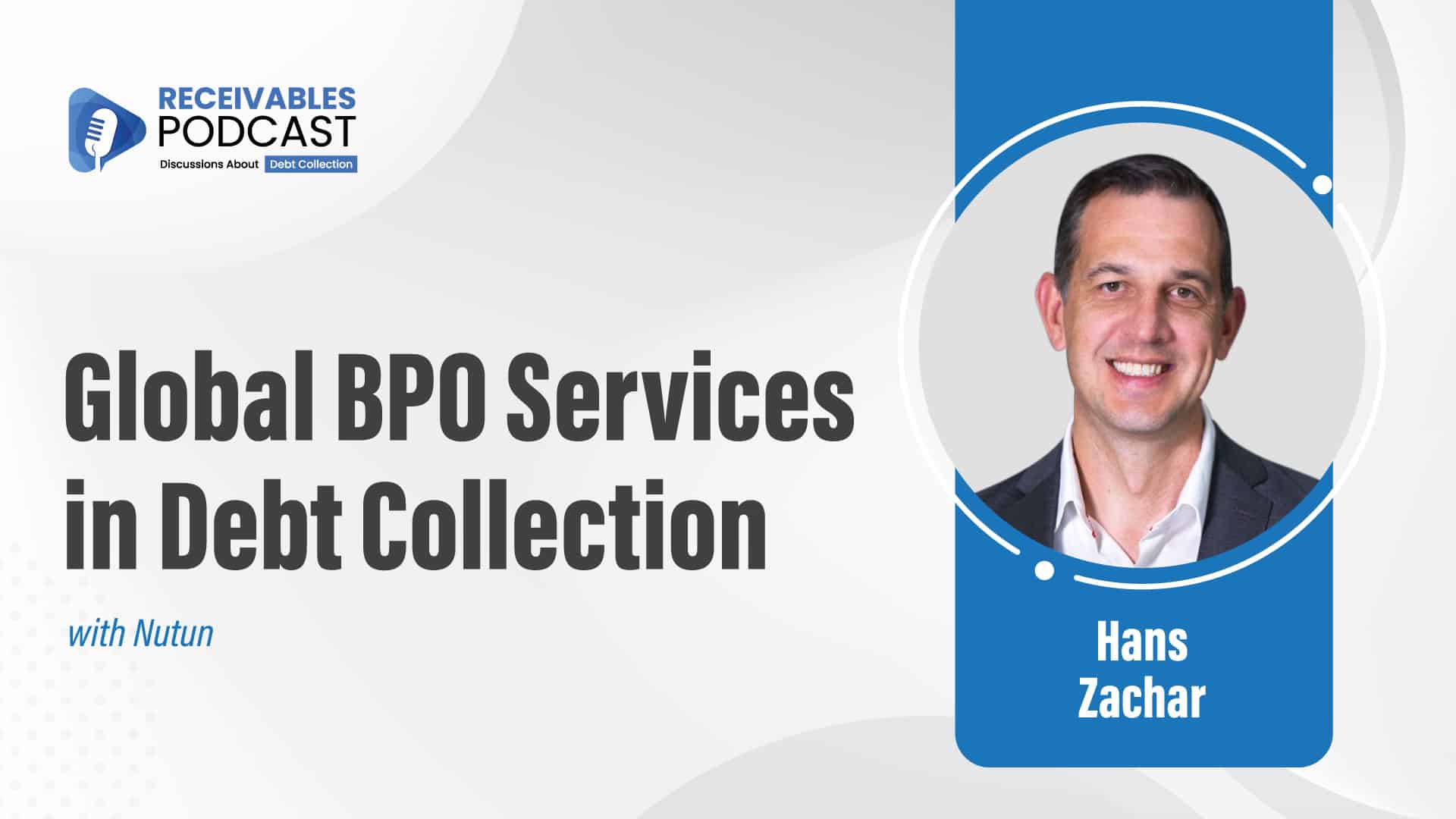 "Global BPO Services in Debt Collection" podcast promotional image featuring a smiling man in a suit with the name "Hans Zachar" on a blue rectangle.