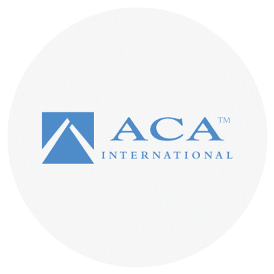 Logo of ACA International with blue text and icon on a white background.