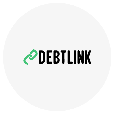 Logo with the word "DEBTLINK" in black, accompanied by a green chain link icon on the left.