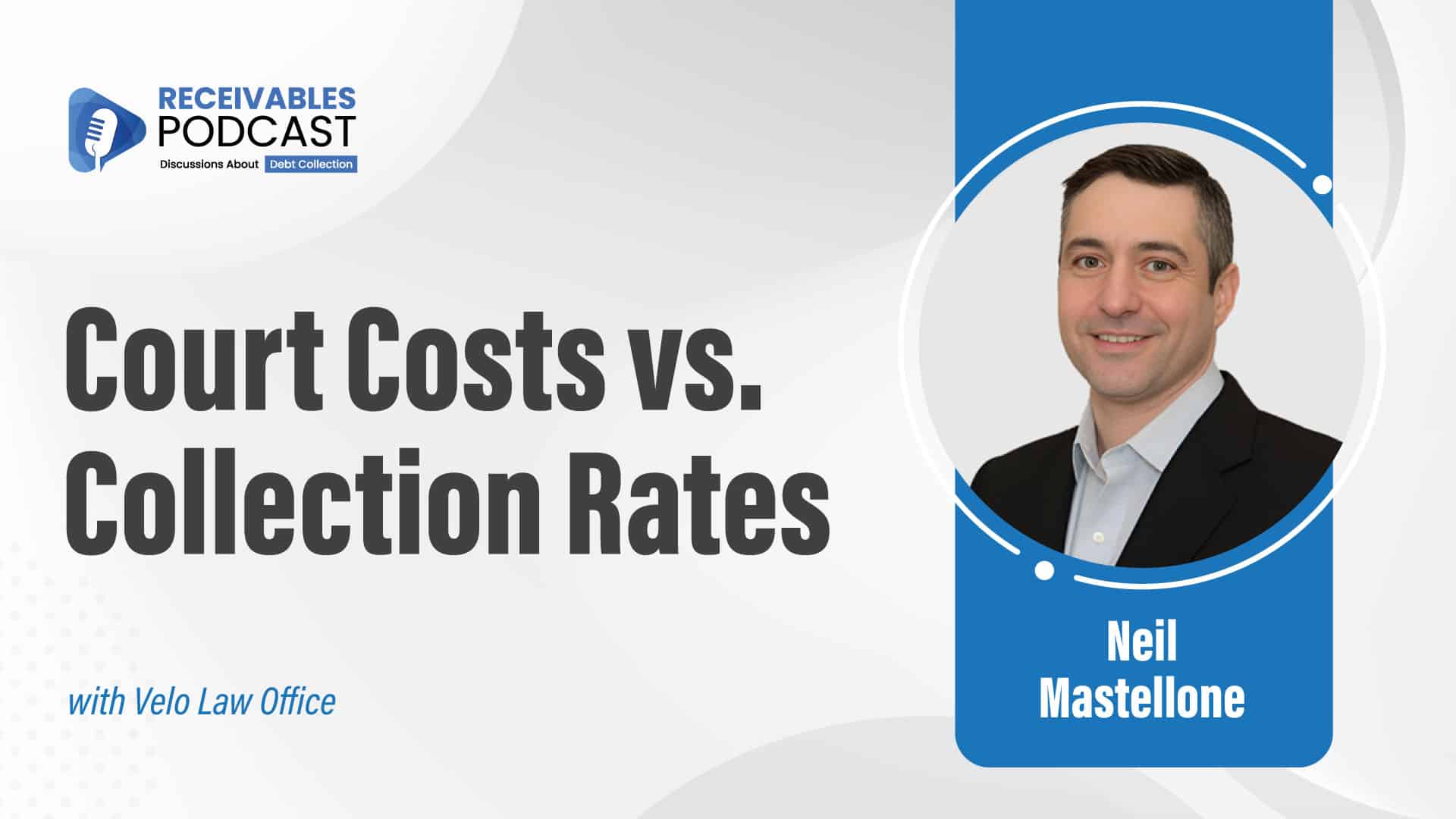 Receivables Podcast cover titled "Court Costs vs. Collection Rates" featuring a headshot of a man named Neil Mastellone with the Velo Law Office.