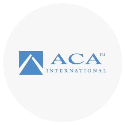Logo of ACA International with a blue triangular emblem and the text "ACA International" in blue.
