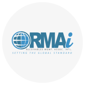 Logo of RMAi with a globe icon, text "RECEIVABLES MGMT. ASSOC. INTL. SETTING THE GLOBAL STANDARD."
