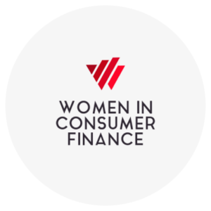 Logo of "Women in Consumer Finance" with a red abstract design above the text.