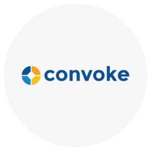 Logo with the text "convoke" next to a circular symbol with blue and yellow segments on a white background.