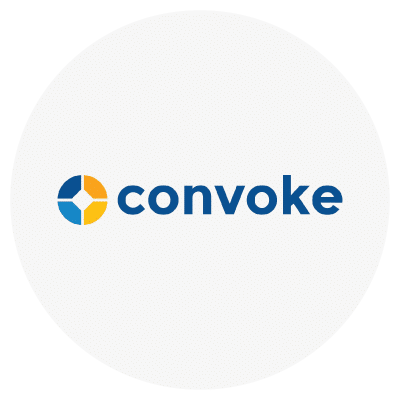 Logo with the text "convoke" next to a circular symbol with blue and yellow segments on a white background.