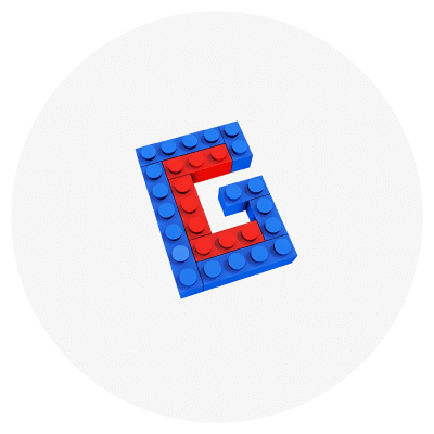 A red and blue letter G made of building blocks on a white circular background. A red and blue letter G made of building blocks on a white circular background.