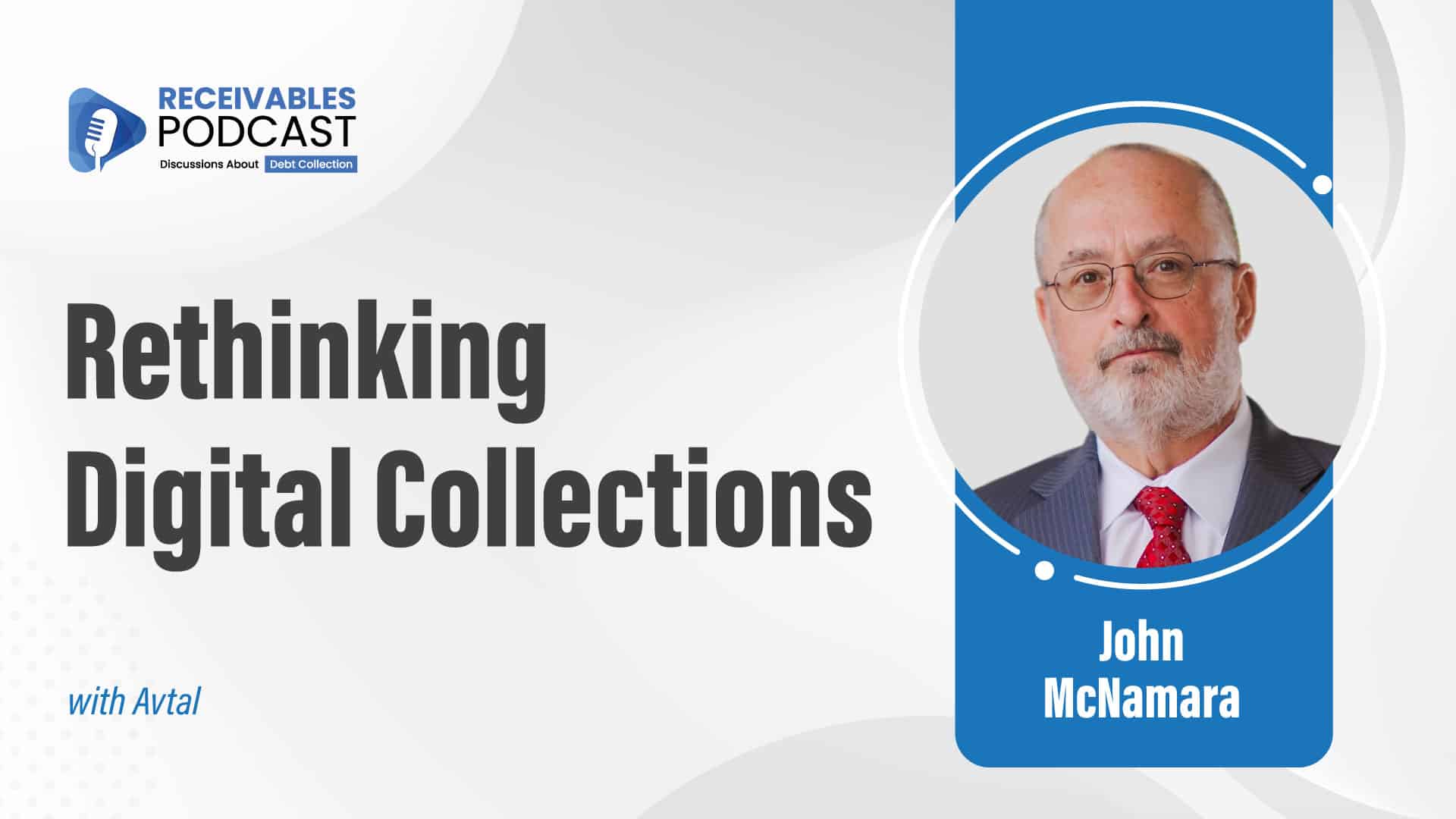 Podcast cover for "Receivables Podcast" with the title "Rethinking Digital Collections" featuring a guest speaker, John McNamara.