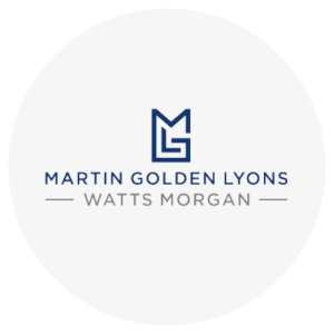 Logo with "MARTIN GOLDEN LYONS" in blue and "WATTS MORGAN" in gray below, featuring an abstract "MGL" design above.