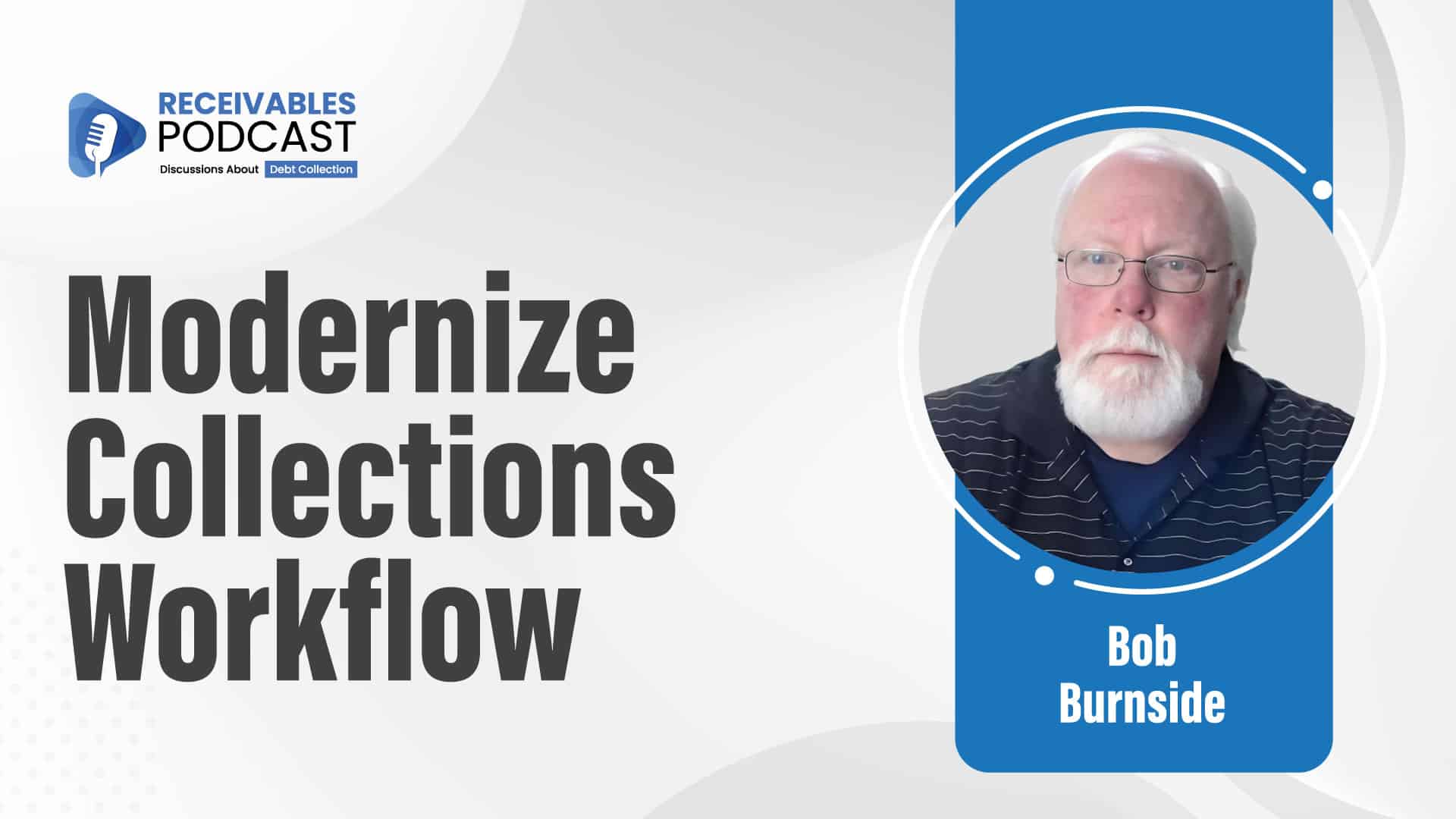 Modernize Collections Workflow podcast cover featuring a headshot of a bearded man with glasses, labeled as Bob Burnside.