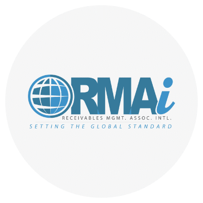 Logo of RMAi with a globe design, the text "RECEIVABLES MGMT. ASSOC. INTL." and the slogan "SETTING THE GLOBAL STANDARD."