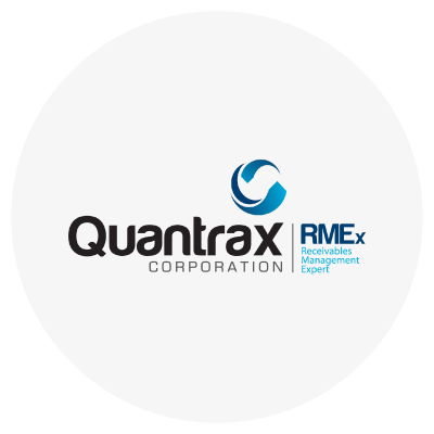 Logo of Quantrax Corporation featuring a stylized blue and grey symbol and the text "Quantrax Corporation" alongside "RMEx Receivables Management Expert."