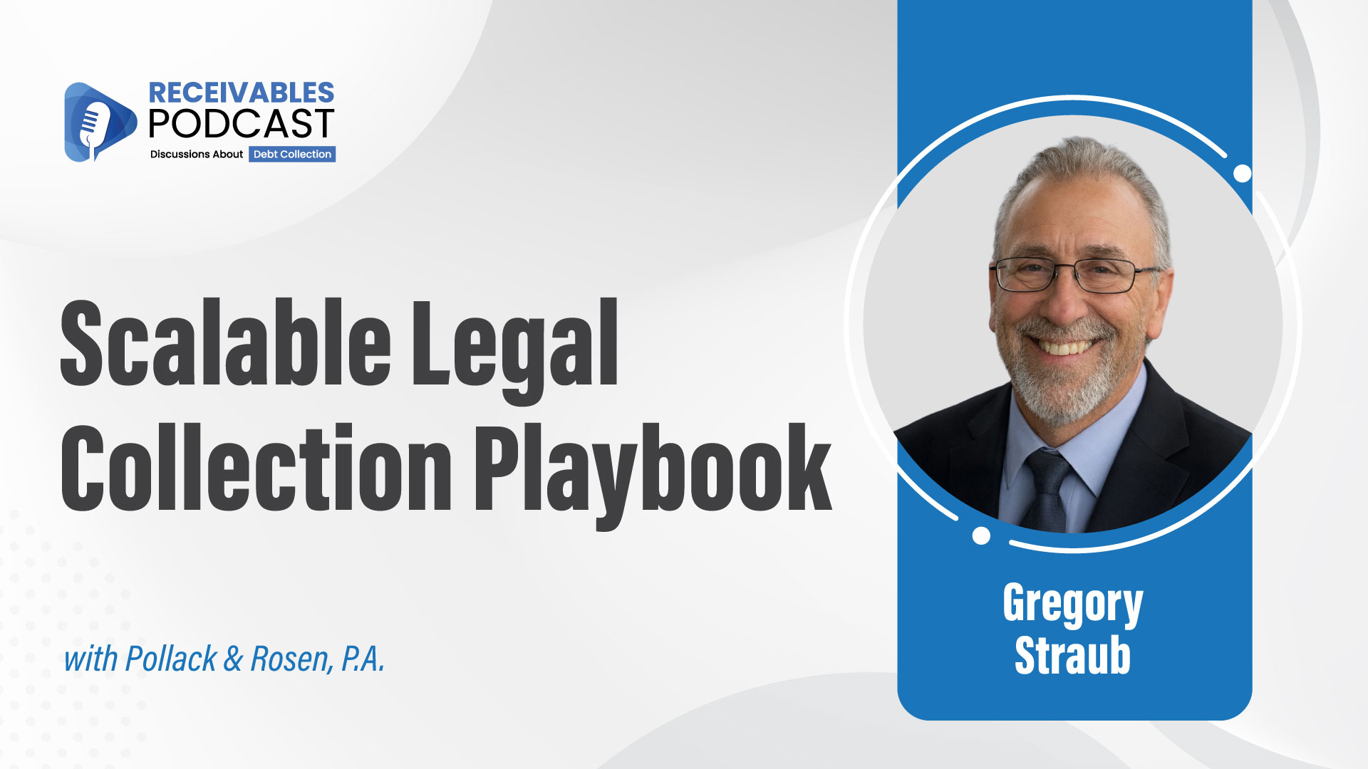 Scalable Legal Collection Playbook with Gregory Straub, featuring the Receivables Podcast logo and text about discussions on debt collection.