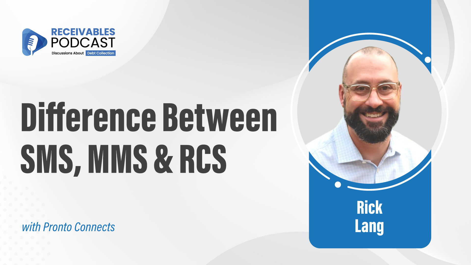 "Receivables Podcast" slide titled "Difference Between SMS, MMS & RCS" featuring Rick Lang.